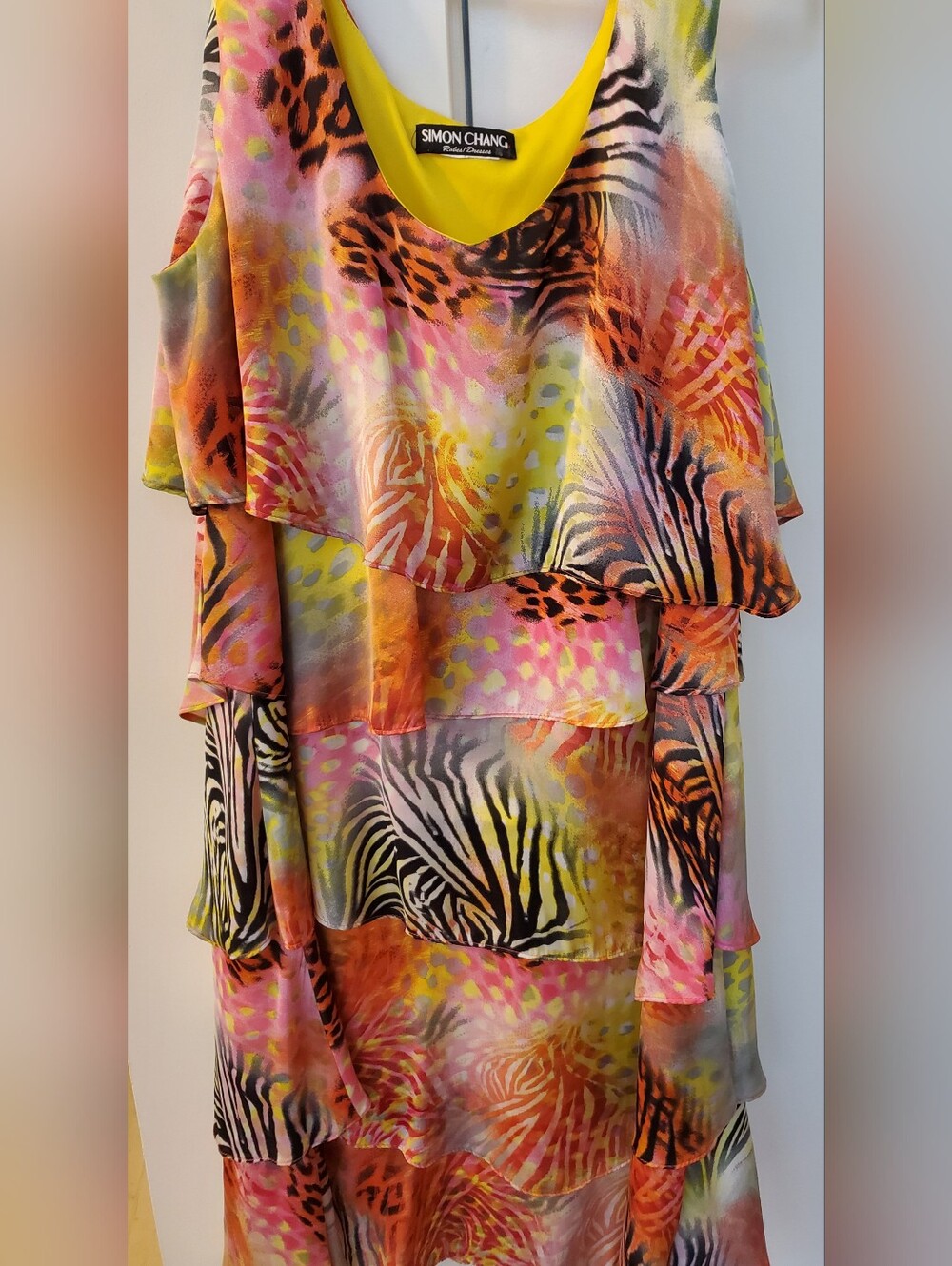 Simon Chang- Tiered Tropical Zebra Print Party Midi Dress Sz.10-12 PTP 23 - Picture 4 of 9